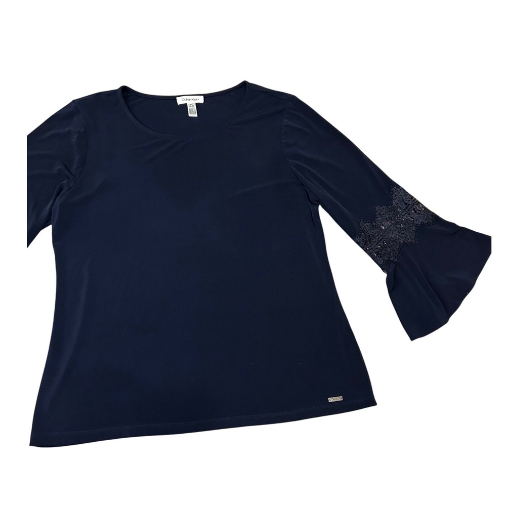 Calvin Klein Navy Blue medium bell sleeve‎ lace top blouse office dressy